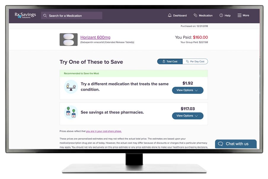 Computer monitor displaying Rx Savings Solutions online portal with a member savings opportunity for a prescription for Horizant 600 mg tablets