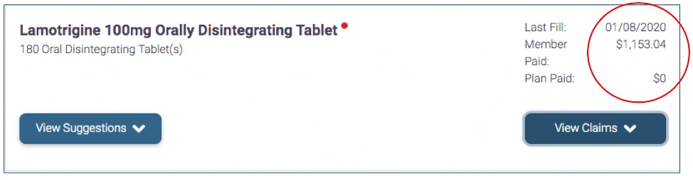 Member portal listing $1,153.04 price of Lamotrigine orally disintegrating tablets