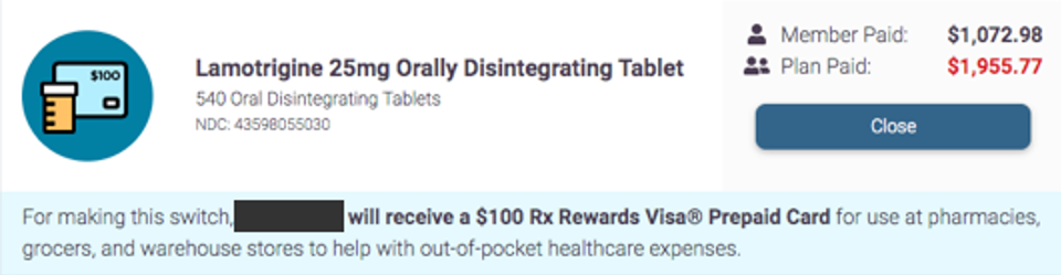 Member portal listing prices for Lamotrigine 25mg orally disintegrating tablets and incentive information for switching