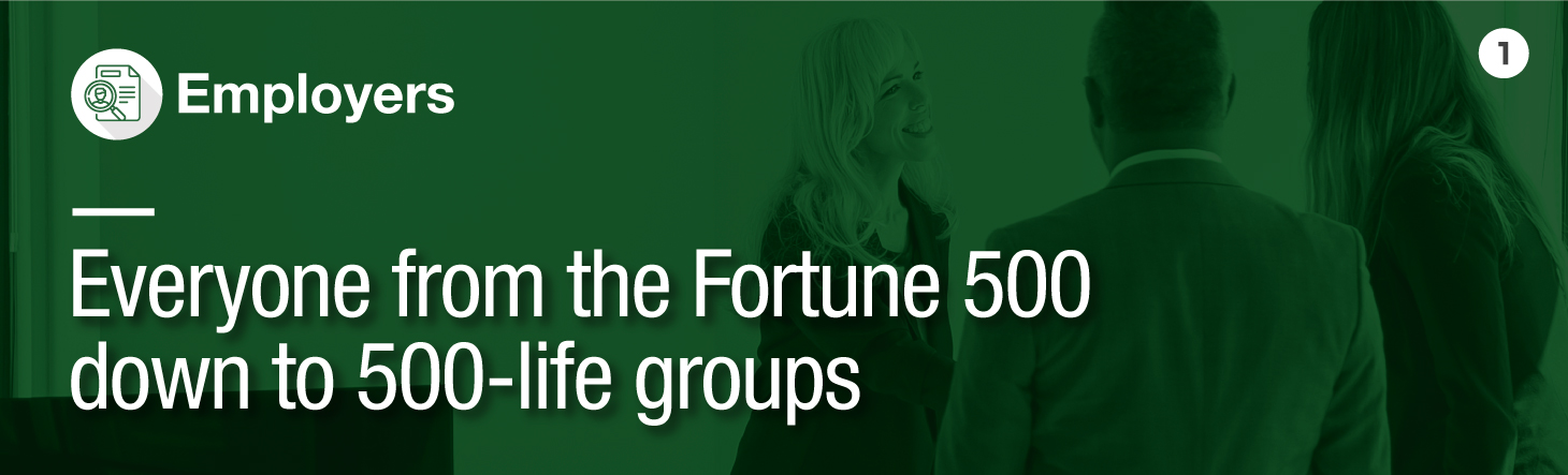 Click here to learn about how we help all types of employers, from the Fortune 500 down to 500-life groups