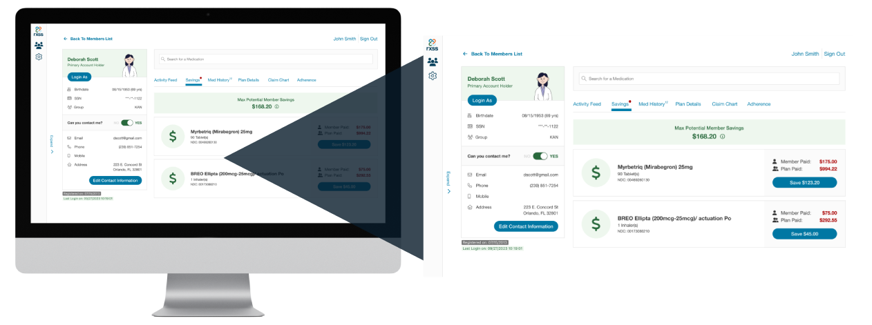 The AdminRx portal displays the costs (both plan and member) for current medications.