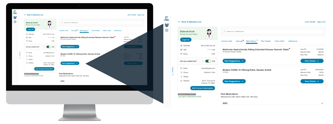 The AdminRx portal displays a member's medication history.