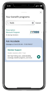 Mobile view of the Accolade platform showing RxSS.