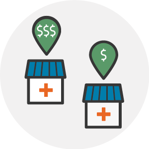 Icon of two pharmacies with different prices for a prescription.