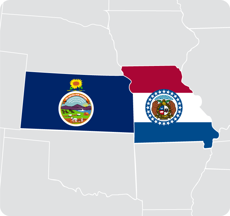 Map showing state of Kansas and Missouri flags