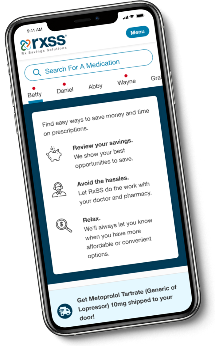 The Rx Savings Solutions member account dashboard shown on mobile device