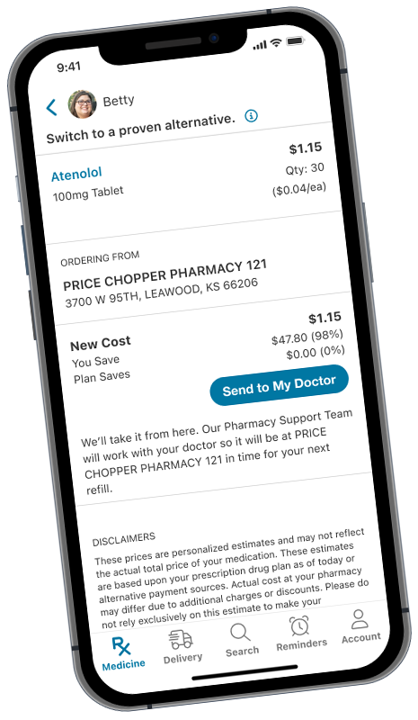 The RxSS platform displayed on a mobile phone showing someone how they can save money